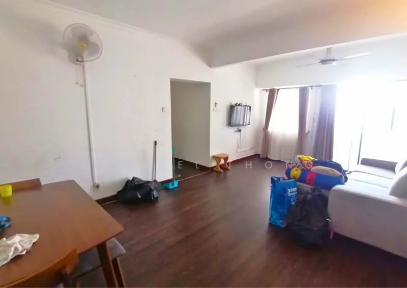 Living features: wooden flooring, white painted walls, 5-blade ceiling fan, wall-mounted TV, floor-to-ceiling windows, sheer curtains, sofa, dining table, decorative items, vacuum cleaner, colorful cushions, plastic bags.