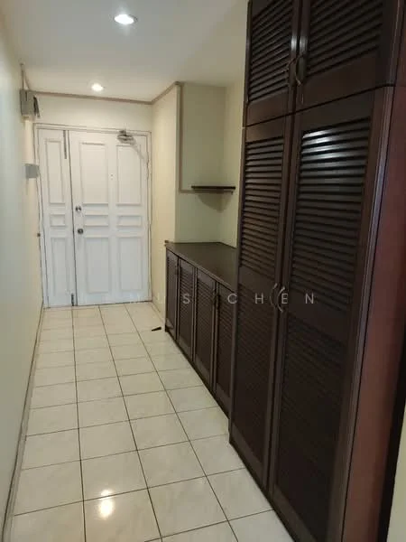 Hallway features: white painted walls, ceramic tile flooring, recessed downlights, wooden cabinetry with louvered doors, shelf above cabinetry, main entrance door with multiple panels, doorbell, neutral color scheme; style: modern.