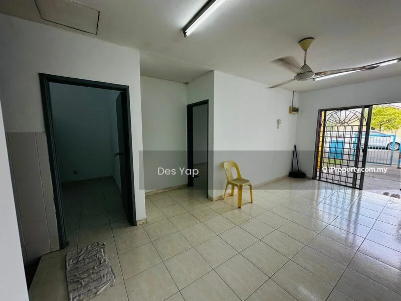 Room features: white painted walls, tile flooring, ceiling fan, sliding glass door, window with view, doorway leading to another room, light fixture, single plastic chair.