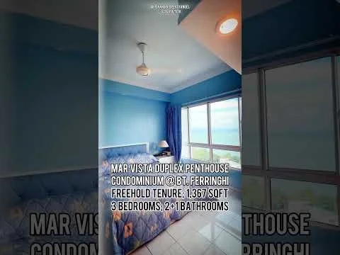 Room features: blue painted walls, white ceiling, ceiling fan, large windows with city view, tile flooring, double bed with blue bedding, bedside table, decorative wall art, curtains, light fixture; style: modern; view: city.