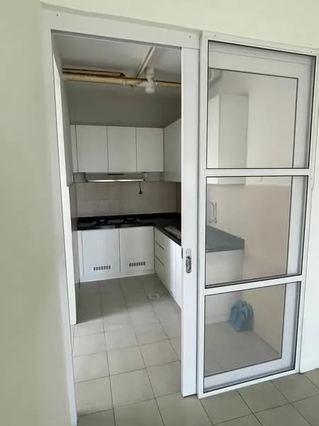 Kitchen features: white cabinetry, black countertop, stainless-steel sink, built-in gas stove, exhaust hood, tile backsplash, ceramic tile flooring, window for natural light, sliding glass door, open layout; style: modern.