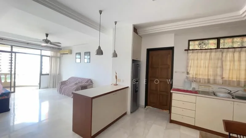 Living features: 3-seater fabric sofa in blue, ceiling fan, floor-to-ceiling windows, marble flooring, area rug, wall-mounted air conditioning unit, pendant lighting, dining table with chairs, TV console, decorative wall art; style: modern; view: city. Kitchen features: single-bowl stainless-steel sink, chrome pull-down faucet, white cabinetry, countertop with space for appliances, built-in refrigerator, window with sheer curtains, tile backsplash, stove with hood; style: modern.