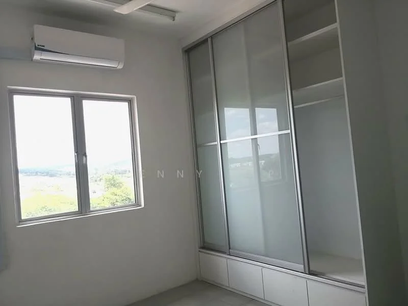 Room features: 1 wall-mounted split AC, floor-to-ceiling window, sliding glass door, built-in wardrobe with sliding doors, white painted walls, tile flooring, ceiling with recessed lighting; style: modern; view: city.