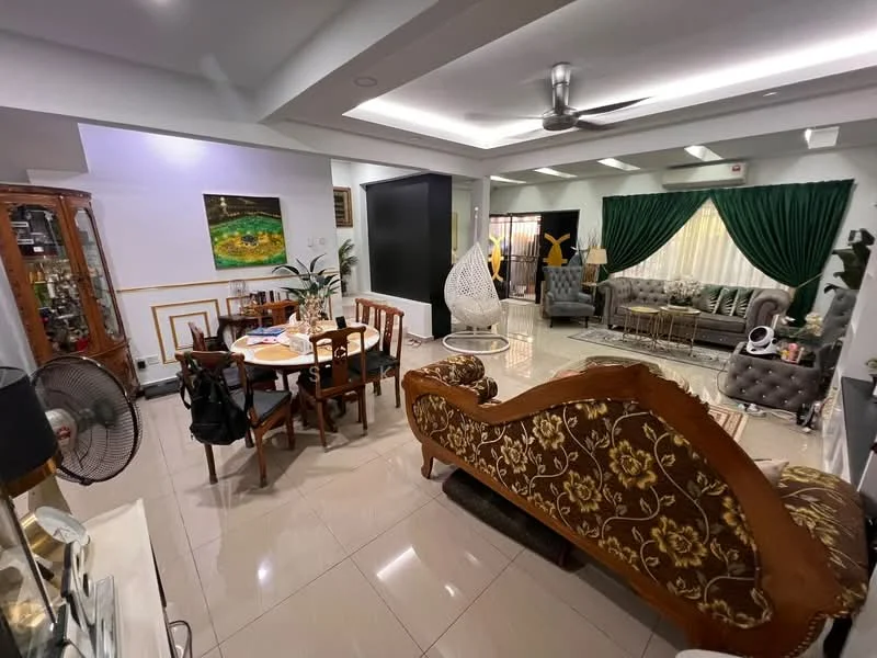 Living features: sofa with floral upholstery, coffee table, TV console, wall-mounted TV, area rug, 5-blade ceiling fan with light, floor-to-ceiling windows with sheer curtains, decorative wall art, green curtains, decorative plants, armchair with cushion, side table; style: modern. Dining features: 6-seater dining table, wooden dining chairs, decorative centerpiece, wall-mounted mirror, sideboard cabinet; style: modern.