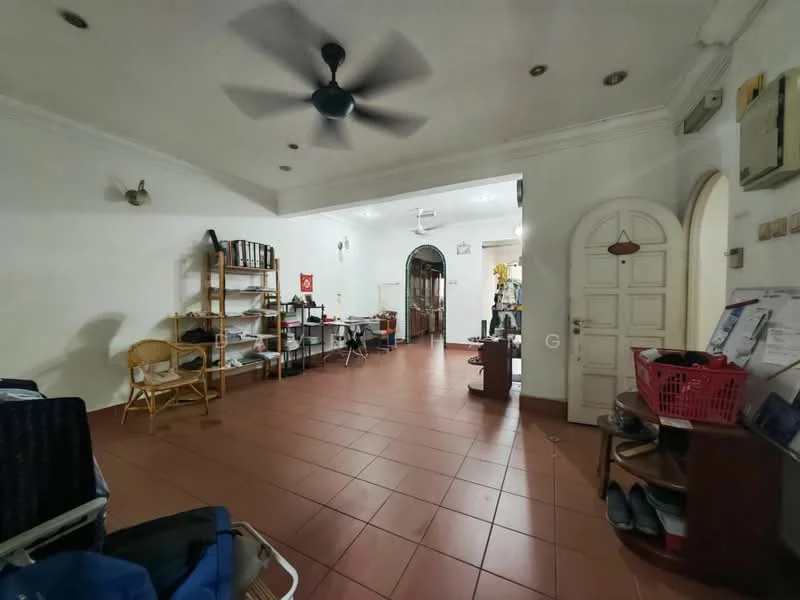 Room features: tiled flooring in terracotta color, white painted walls, ceiling fan, arched doorway, built-in shelves, wooden chairs, open layout, multiple light fixtures, air conditioning unit, decorative wall sconces; style: traditional.