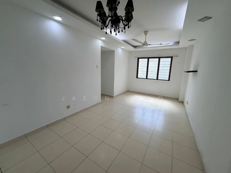 Living features: white painted walls, tile flooring, ceiling fan, chandelier, window with blinds, recessed downlights, wall-mounted shelf; style: modern.