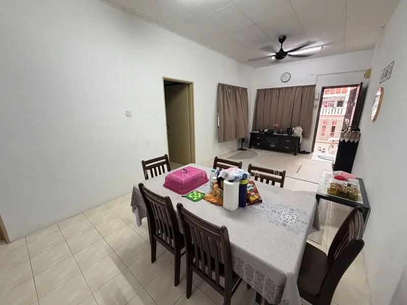 Dining features: dining table with 8 chairs, light grey tablecloth, ceiling fan, cream painted walls, tile flooring, curtains on window, sideboard cabinet, decorative mirror on wall; style: modern. Living features: sofa, TV console, floor-to-ceiling window, natural light from window; style: modern.