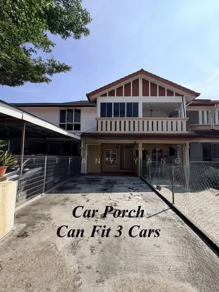 Exterior type: detached bungalow; features: car porch that can fit 3 cars, two-storey structure, gabled roof, balcony with railing, fenced perimeter, concrete driveway, manicured landscaping, large windows, overhang above porch; style: modern.