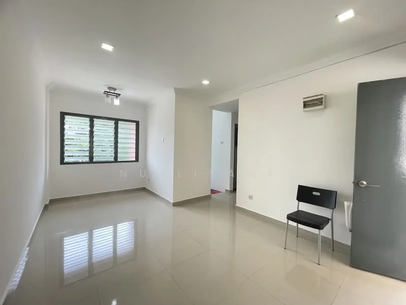 Living features: white painted walls, glossy ceramic tile flooring, recessed downlights, 1 ceiling fan, large windows with horizontal slats, air conditioning unit, grey door, black chair; style: modern.