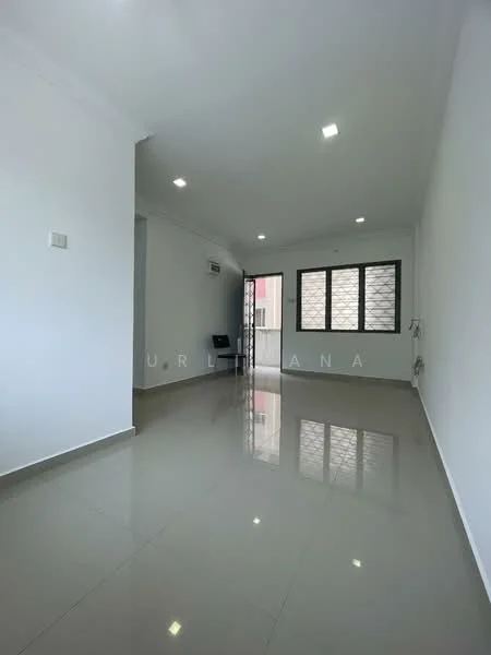 Room features: white painted walls, glossy tile flooring, recessed LED downlights, 1 wall-mounted split AC, large windows, black window frames, neutral color scheme, open layout; style: modern.