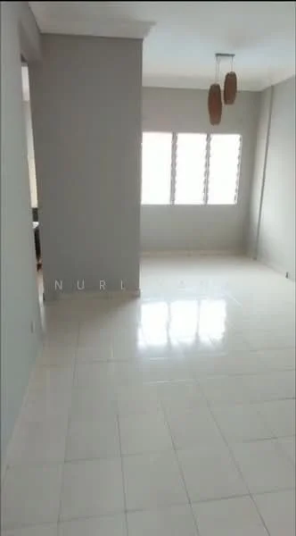 Living features: white painted walls, glossy tile flooring, 3 large windows with grid pattern, hanging pendant light fixture, neutral color scheme, open layout, no visible furniture, smooth ceiling; style: modern.