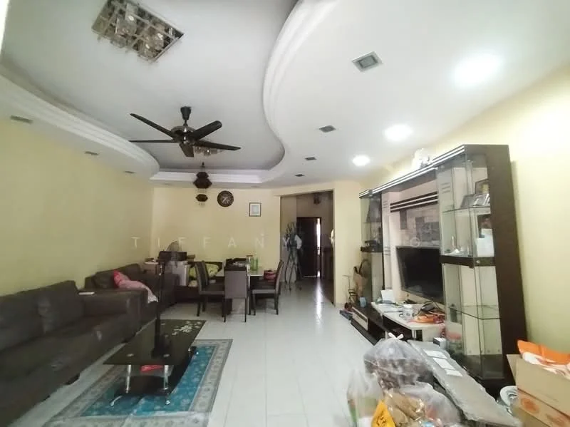 Living features: grey fabric sofa, 3-seater sofa, coffee table, TV console, wall-mounted TV, area rug, ceiling fan with light, recessed downlights, cream painted walls, white tiled flooring, decorative wall clock, glass display cabinet, dining area with dining table and chairs; style: modern.