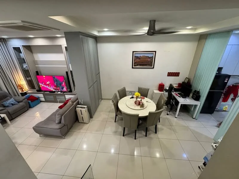 Living features: 3-seater fabric sofa in grey, 2-seater fabric sofa in beige, coffee table, wall-mounted TV, TV console, area rug, recessed downlights, ceiling fan, white painted walls, cream tiled flooring; style: modern. Dining features: round dining table, 6 upholstered dining chairs, flower vase, white painted walls, cream tiled flooring; style: modern. Kitchen features: black refrigerator, white cabinetry, countertop, cream tiled flooring; style: modern.