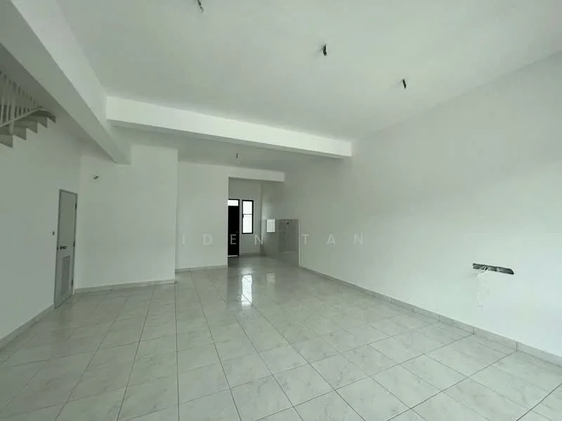 Room features: white painted walls, tile flooring, recessed downlights, large windows, open layout, high ceiling, no visible furniture, neutral color scheme; style: modern.