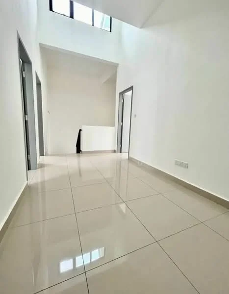 Room features: white painted walls, glossy ceramic tile flooring, high ceiling, large windows, neutral color scheme, door frames in grey, open layout, natural light from windows; style: modern.