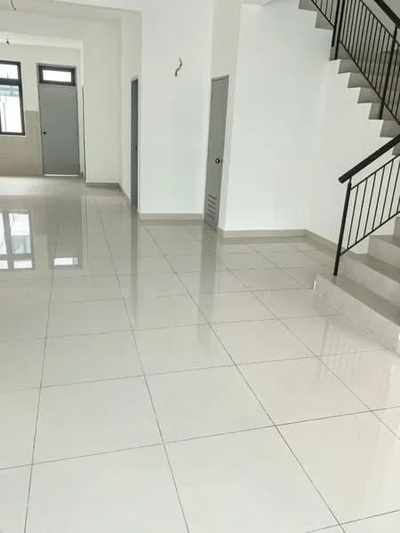 Room features: white painted walls, glossy ceramic tile flooring, staircase with metal railing, large windows for natural light, neutral color scheme, high ceiling, doorway leading to another room, open layout; style: modern.