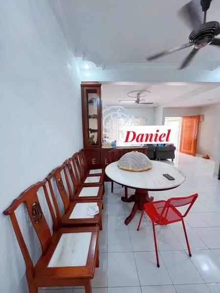 Dining features: round dining table with marble top, wooden dining chairs, red plastic chair, white painted walls, ceiling fan, recessed downlights, display cabinet, tiled flooring; style: modern. Living features: sofa, coffee table, open layout to adjacent room.