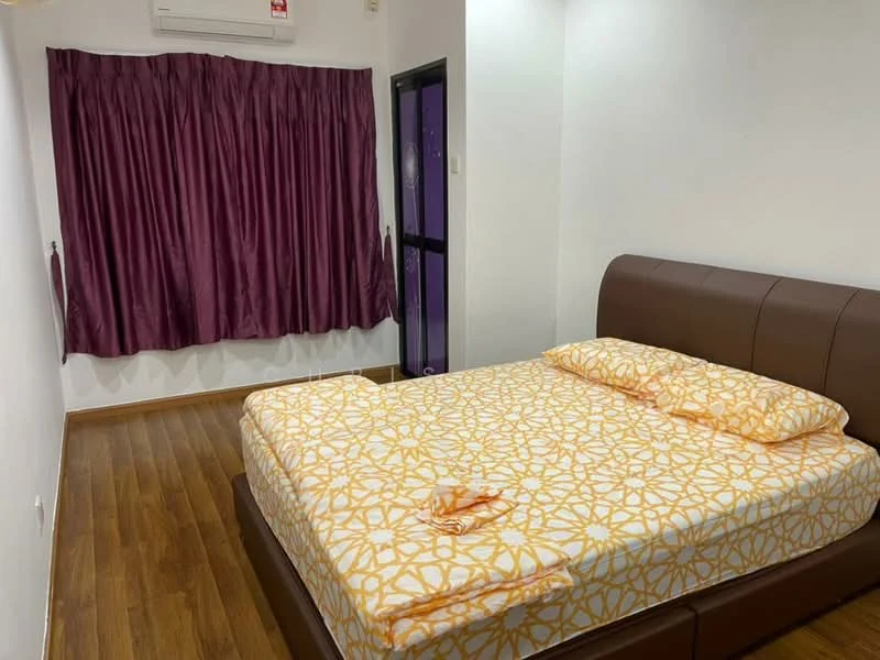 Bedroom features: queen-size bed with brown leather headboard, yellow patterned bedding, purple curtains, wooden flooring, air conditioning unit on wall, white painted walls, sliding glass door, nightstand; style: modern.