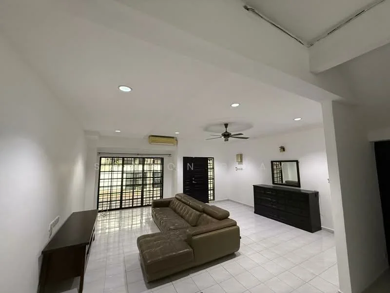 Living features: cream leather sofa, 3-seater sofa, white painted walls, white tiled flooring, ceiling fan with light, recessed downlights, black wooden dresser, large windows with black grills, air conditioning unit, decorative wall mirror; style: modern.