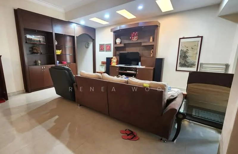 Living features: 3-seater fabric sofa in brown, 2-seater leather sofa, coffee table, TV console, wall-mounted TV, built-in shelving unit, decorative wall art, recessed ceiling lights, cream tiled flooring, neutral painted walls; style: modern.