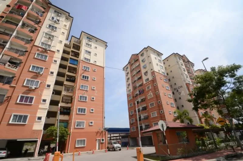 Exterior type: mid-rise condominium; features: orange and cream painted facade, multiple balconies, glass windows, entrance gate, surrounded by landscaping, parking area, two interconnected buildings; style: modern.