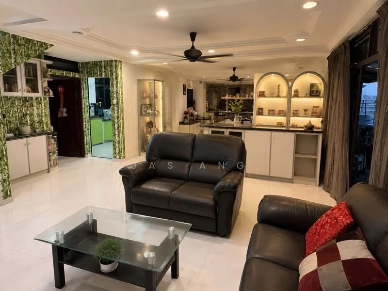Living features: black leather sofa, glass coffee table, white tiled flooring, recessed downlights, 5-blade ceiling fan, decorative wall with green foliage, built-in display shelves, curtains, wall-mounted TV, open layout to kitchen, decorative plants; style: modern. Kitchen features: white cabinetry, glass display cabinets, countertop with bar seating, recessed lighting, open layout to living area; style: modern.