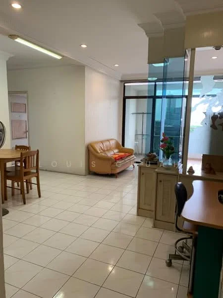 Living features: cream leather sofa, white tiled flooring, recessed ceiling lights, large glass sliding door, view of balcony, decorative plants, wall-mounted mirror, open layout to dining area; style: modern; view: garden. Dining features: wooden dining table for four, matching wooden chairs, open layout to living area; style: modern.