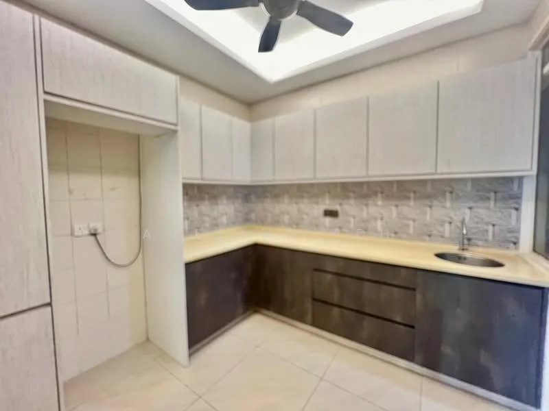 Kitchen features: light wood cabinetry, dark wood lower cabinets, laminate countertop, single-bowl stainless-steel sink, chrome pull-down faucet, tile backsplash with stone pattern, recessed ceiling lights, ceiling fan, ceramic tile flooring, wall-mounted electrical outlet, open shelving, built-in storage, corner cabinet; style: modern.