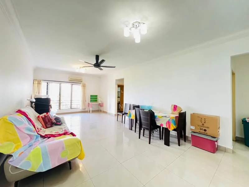 Living features: white painted walls, glossy tile flooring, 5-blade ceiling fan with light, recessed downlights, sofa with colorful throw, dining table with chairs, colorful tablecloth, large windows with sheer curtains, air conditioning unit, decorative cushions, box storage, open layout; style: modern; view: city.