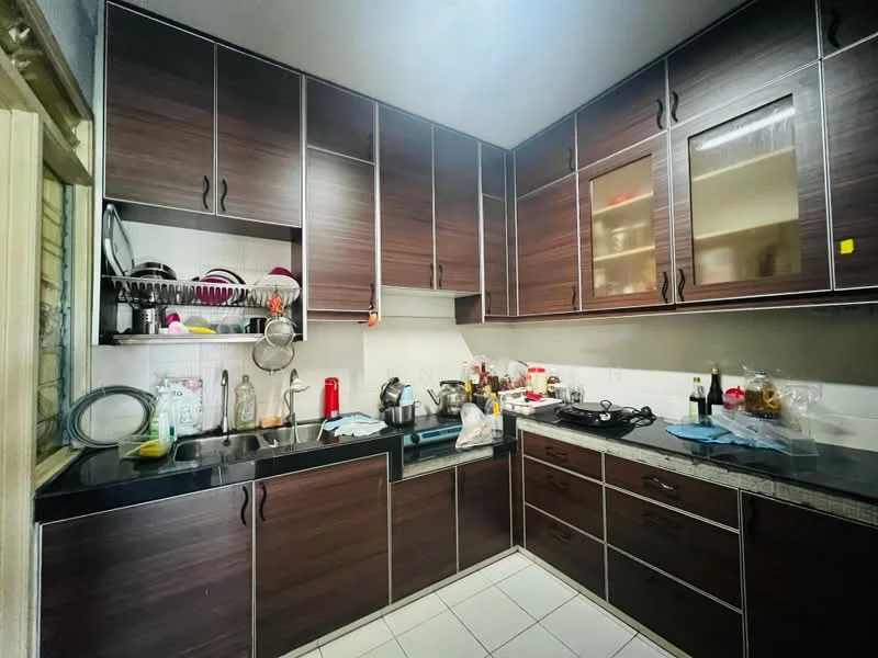 Kitchen features: dark wood cabinetry, black granite countertop, stainless-steel sink, chrome faucet, built-in gas stove, wall-mounted kitchen shelves, various kitchen appliances, white tiled backsplash, white tiled flooring, open shelving with dishes, multiple cooking utensils, kitchen towels, kitchenware on countertop; style: modern.