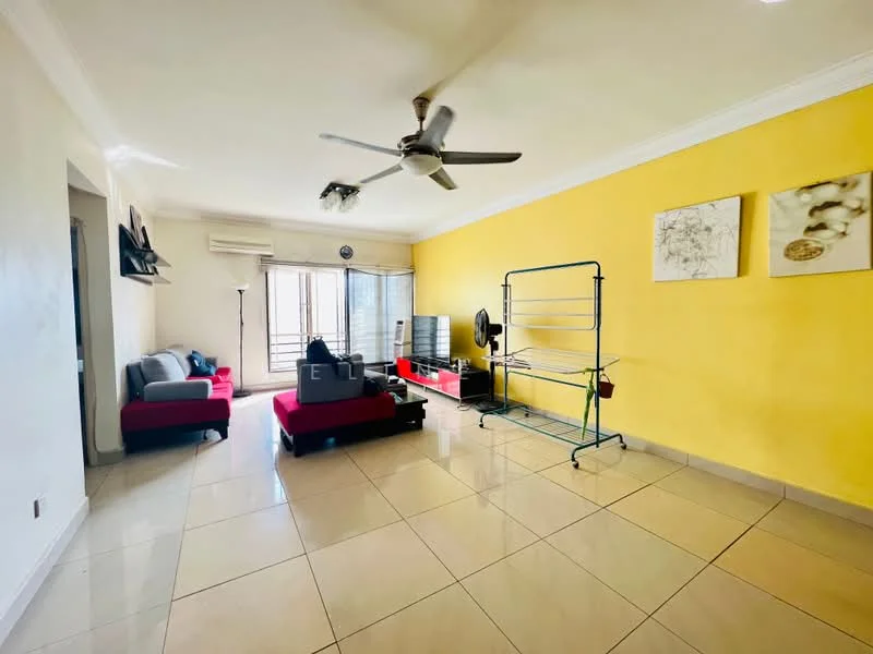 Living features: yellow painted walls, white ceiling, 5-blade ceiling fan with light, large sliding glass door, floor-to-ceiling windows, cream tiled flooring, sofa in grey, 2-seater red sofa, glass coffee table, TV mounted on wall, decorative wall art, open shelving unit, standing fan; style: modern; view: city.