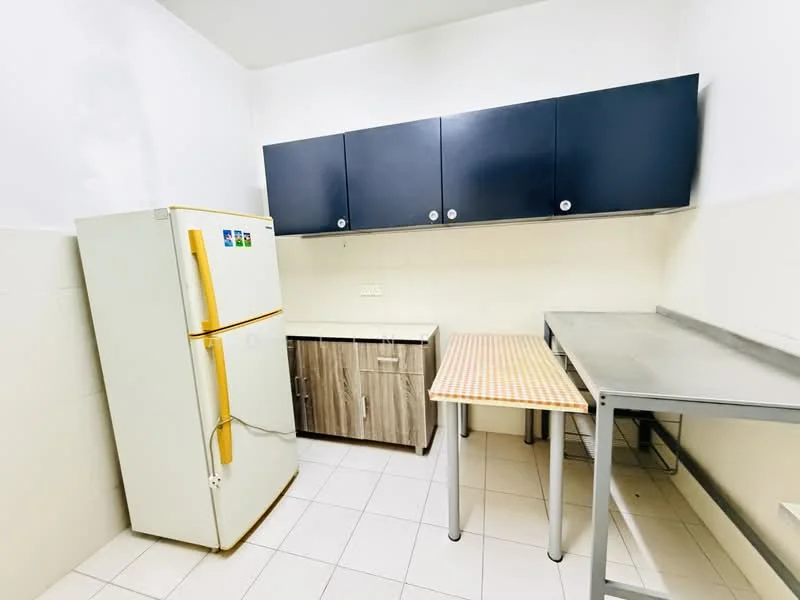 Kitchen features: white fridge with yellow handle, wooden cabinetry in light brown, dark blue upper cabinets, stainless-steel countertop, checkered tablecloth on table, white tiled flooring, white painted walls, single-bowl stainless-steel sink; style: modern.