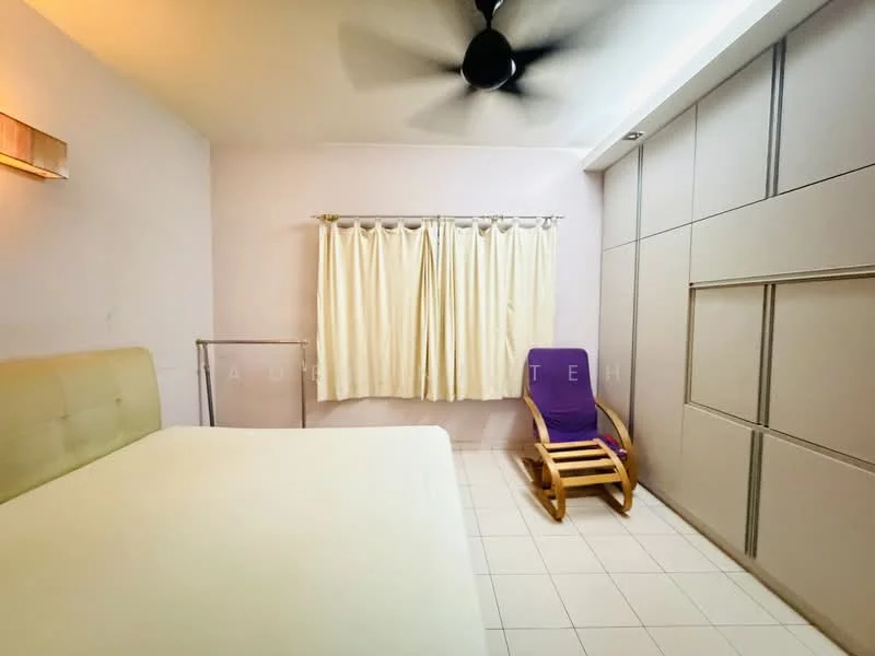 Bedroom features: queen-size bed, light green upholstered headboard, white bedding, wooden rocking chair, built-in wardrobe with sliding doors, white walls, cream curtains, ceiling fan with light, tiled flooring; style: modern.