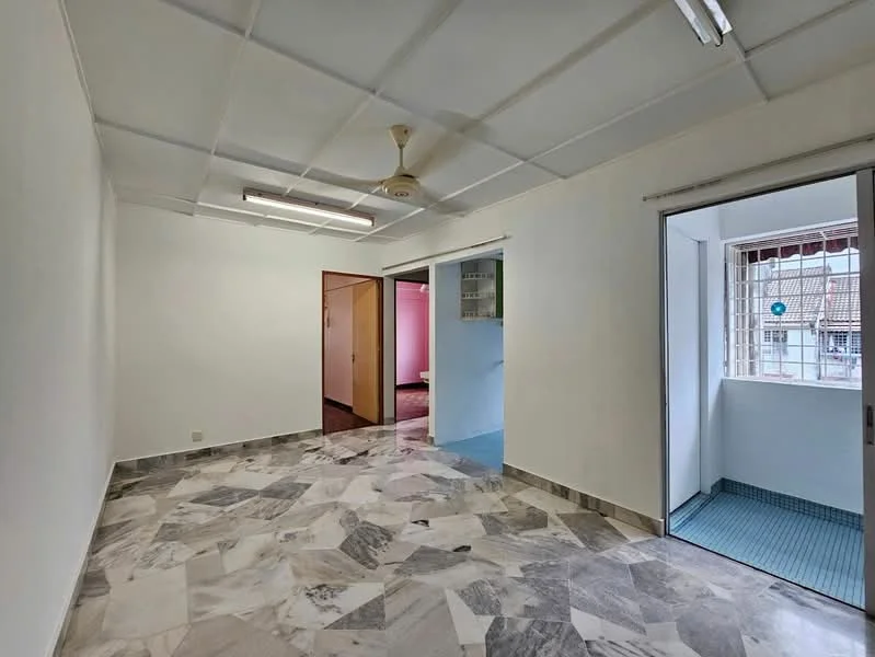 Room features: marble flooring, white painted walls, ceiling fan, sliding glass door, window with grid, doorway leading to another room, doorway leading outside, light fixtures on ceiling.