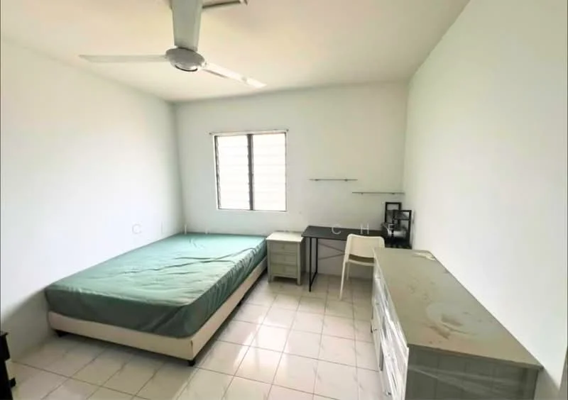 Bedroom features: single bed with green mattress, white painted walls, tiled flooring, ceiling fan, window with horizontal bars, study desk, white chair, two bedside cabinets, shelves mounted on the wall; style: minimalist.