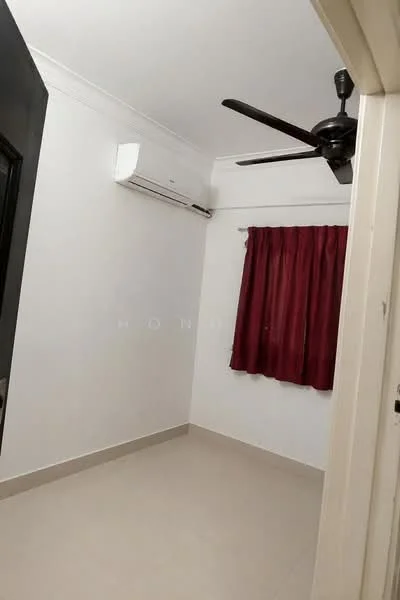 Room features: white painted walls, cream tiled flooring, 1 wall-mounted split AC, 5-blade ceiling fan, red curtains, door frame, light switch.