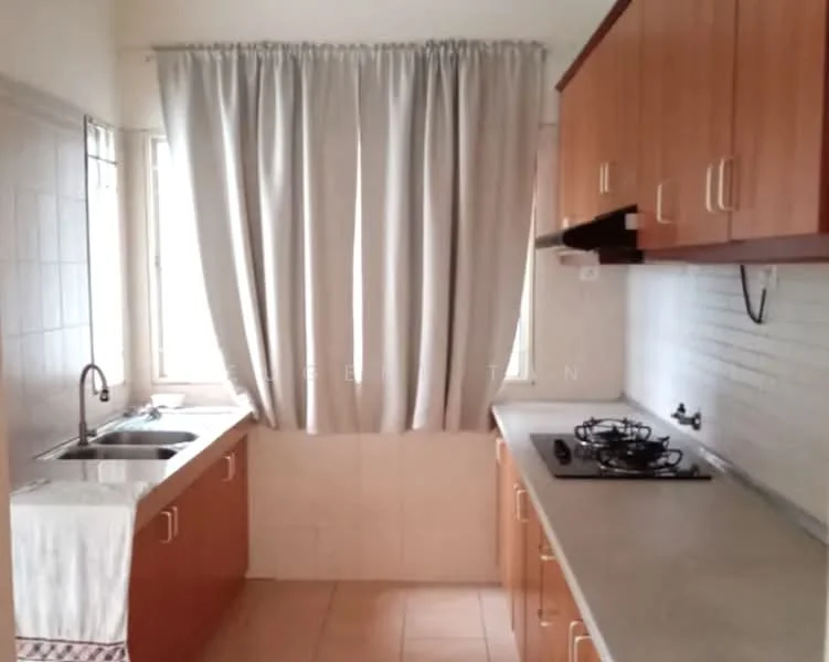 Kitchen features: single-bowl stainless-steel sink, chrome pull-down faucet, gas stove with 4 burners, wood cabinetry in brown finish, light-colored countertop, white tiled backsplash, cream painted walls, window with sheer curtains, tile flooring in beige; style: modern.