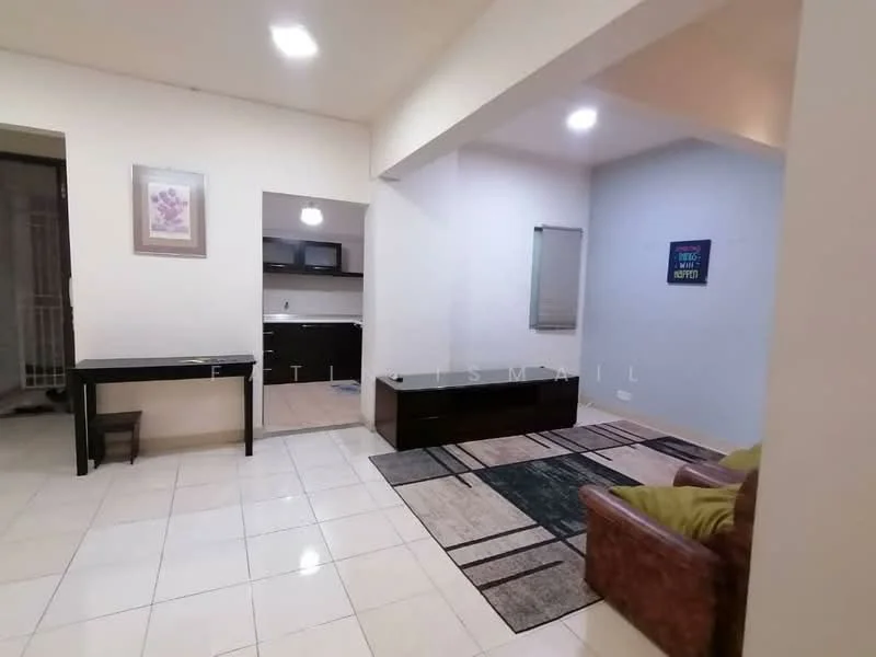 Living features: white painted walls, tile flooring, recessed downlights, sofa in brown leather, area rug with geometric pattern, TV console in dark wood, coffee table in dark wood, window with sheer curtains; style: modern. Kitchen features: white cabinetry, countertop in light color, built-in microwave, kitchen appliances visible; style: modern.