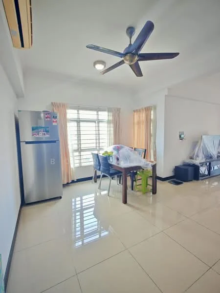 Dining features: 4-seater dining table, plastic dining chairs in green and white, stainless-steel fridge, ceiling fan, window with sheer curtains, light-colored walls, glossy tile flooring, wall-mounted intercom, decorative plant on table; style: modern.