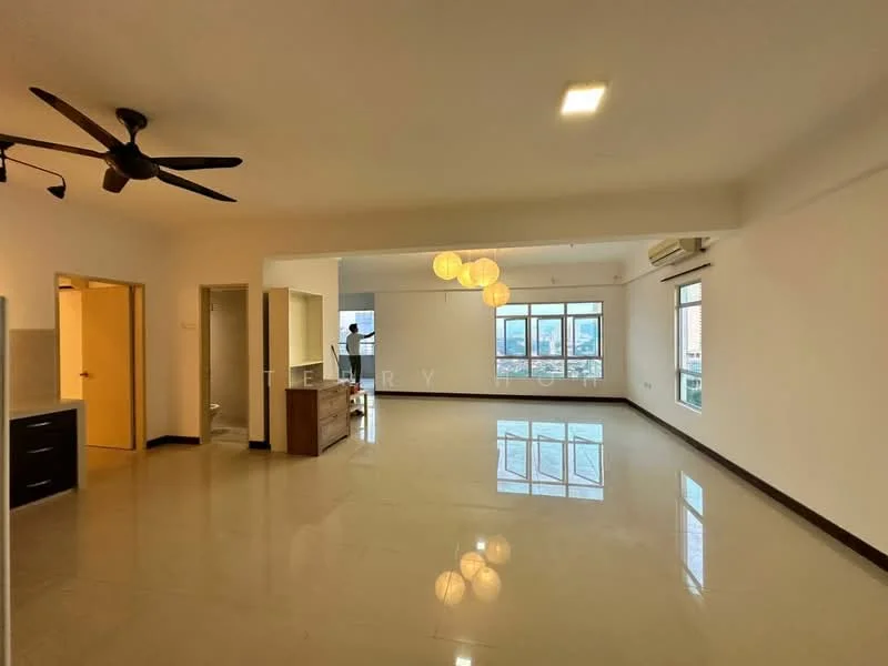Living features: polished ceramic tile flooring, white painted walls, 5-blade ceiling fan, recessed LED downlights, large windows with city view, hanging pendant lights, open layout, air conditioning unit; style: modern; view: city. Kitchen features: dark wood cabinetry, stainless-steel sink, countertop space, open to living area; style: modern.