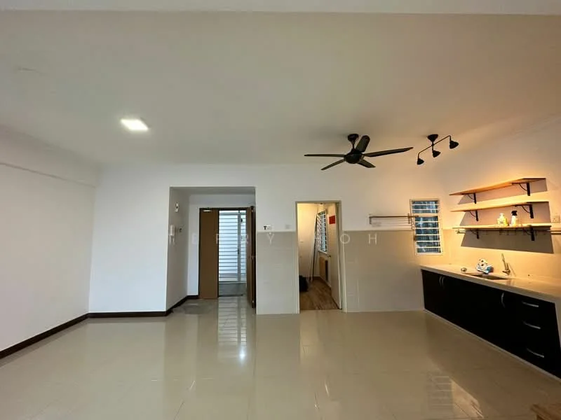 Living features: white painted walls, polished ceramic tile flooring, 5-blade ceiling fan with light, recessed downlights, open shelving, kitchenette with black cabinetry, stainless-steel sink, countertop with backsplash, window with blinds; style: modern. Room features: doorway leading to another room, wooden flooring visible in adjacent area.