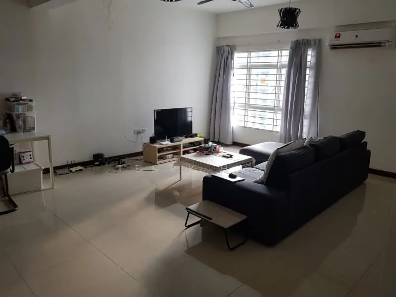 Living features: grey fabric L-shape sectional sofa, coffee table, TV console, wall-mounted TV, floor-to-ceiling windows, curtains, wall-mounted split AC, polished tile flooring, decorative ceiling light, area rug, decorative wall art; style: modern; view: city.