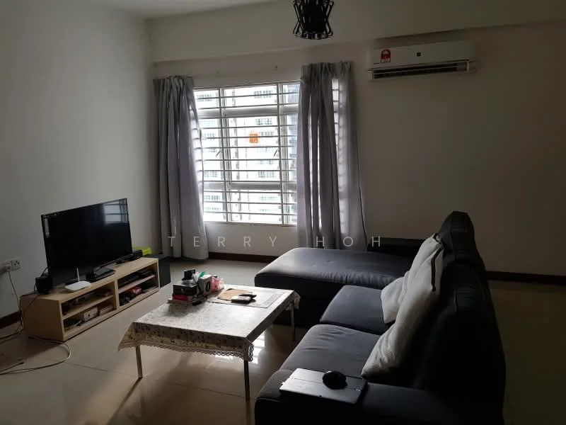 Living features: L-shape sectional sofa in black, coffee table, TV console, wall-mounted TV, floor-to-ceiling windows, grey curtains, wall-mounted split AC, cream painted walls, glossy tile flooring, decorative items on coffee table; style: modern.