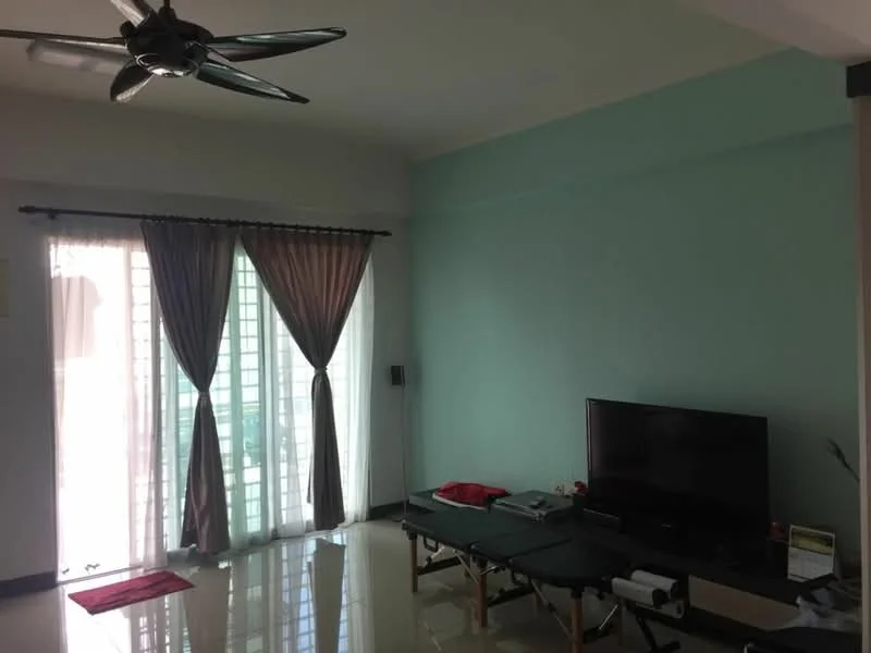 Living features: 5-blade ceiling fan, floor-to-ceiling windows, sheer curtains, sliding glass door, light green accent wall, white walls, polished tile flooring, wall-mounted TV, TV console, black coffee table; style: modern; view: garden.