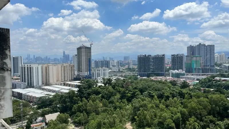 Exterior type: high-rise condominium; features: city skyline view, surrounded by greenery, construction cranes visible, urban landscape, mixed-use development, high-rise buildings, low-rise buildings, clear blue sky, clouds, distant mountains; style: modern.