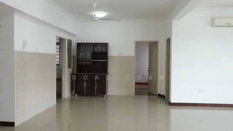Living features: white painted walls, cream tiled flooring, ceiling fan, wall-mounted air conditioning unit, wooden cabinet, doorway to adjacent room, doorway to hallway, natural light from windows; style: modern.