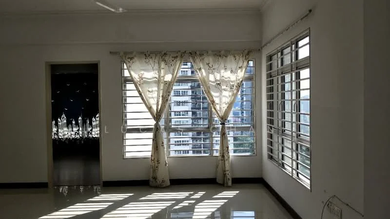 Room features: white painted walls, glossy tile flooring, floor-to-ceiling windows, sheer curtains, city view, natural light, neutral color scheme, high ceiling; style: modern; view: city.