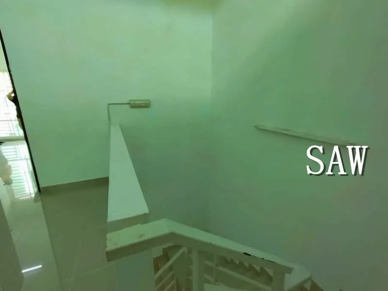 Room features: white painted walls, glossy tile flooring, staircase with white railing, natural light from window, open space, minimalist design; style: modern.