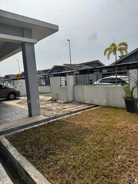 Exterior type: linked terrace house; features: paved driveway, manicured lawn, low garden wall, fence with gate, single-storey structure, surrounded by other houses, potted plant, street sign visible; style: modern.