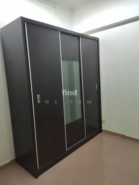 Room features: built-in wardrobe with sliding doors, dark wood finish, mirrored panels, neutral wall colour, tile flooring, single light fixture on ceiling; style: modern.